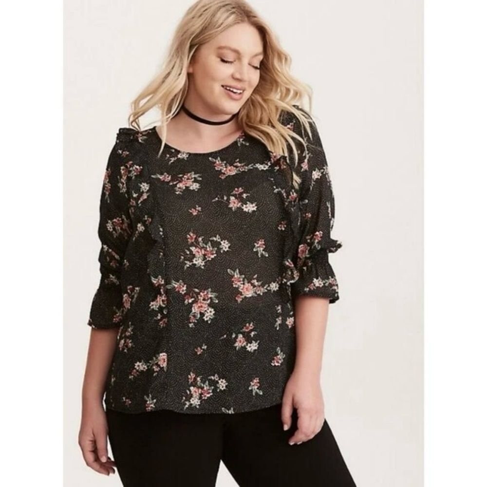 Torrid Ruffled Bell Sleeve Blouse Floral Black Polka Dot Size 2X Plus Size